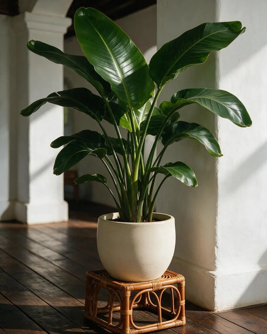 A lush tropical houseplant with large glossy dark green leaves sits in a rounded cream planter on a woven rattan stand. The arrangement is placed on a dark wooden floor beside white stucco walls, with warm sunlight creating soft shadows across the space.