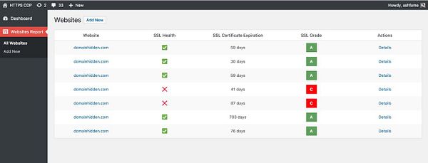 The image displays a user interface for managing website SSL certificates and their statuses.
