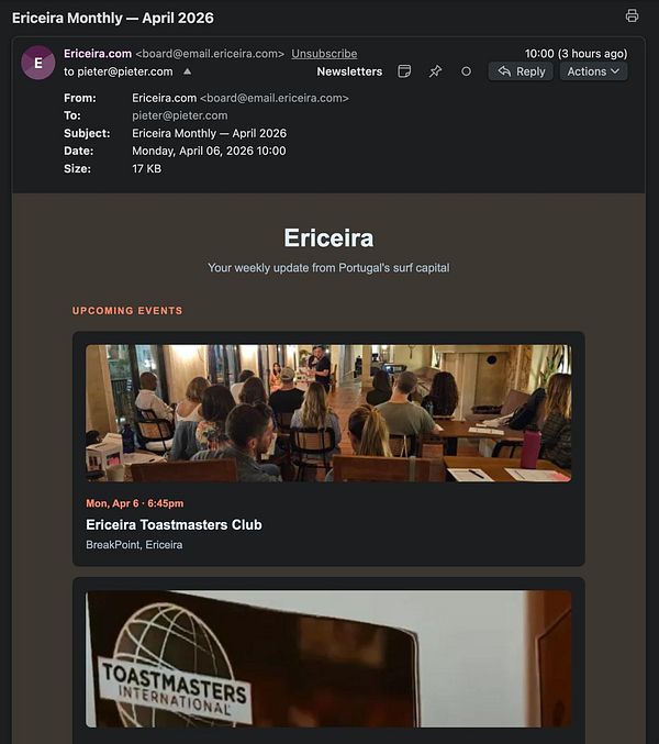A newsletter titled 'Ericeira.com Newsletter 1' with a colorful header and multiple articles with images and text.