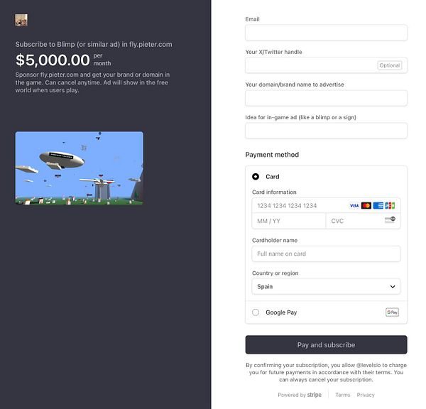 The image displays a subscription form for advertising on fly.pieter.com, featuring a payment section and a visual element from the game.