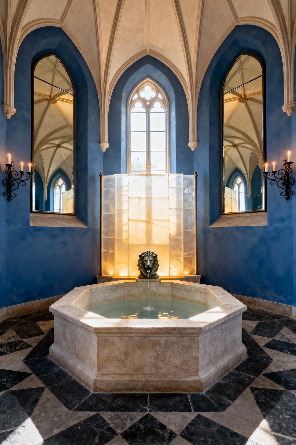A Gothic-style bathroom features an octagonal limestone soaking pool on a black-and-cream geometric stone floor. Ribbed vaults and pointed arches rise above cobalt blue plaster walls. A tall lancet window is flanked by large mirrors and wrought iron sconces with candle-like bulbs. A lion-head spout pours into the pool before a glowing backlit alabaster screen, adding warm amber light to the cool, cathedral-like space.