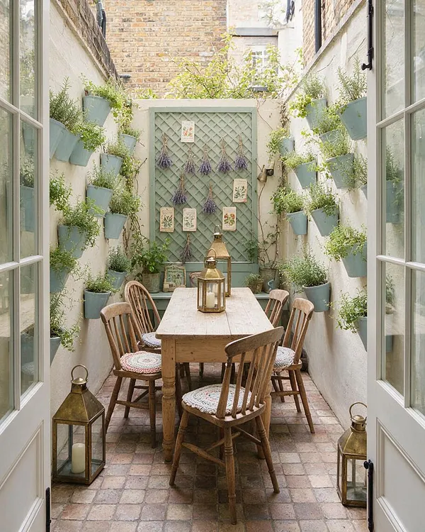 A narrow cottagecore patio with white walls, pale blue wall planters filled with greenery, and a mint trellis decorated with dried lavender bundles and botanical prints. A rustic wooden table with wooden chairs and woven seat pads sits on a brick floor, flanked by brass lanterns, creating a cozy garden dining nook.