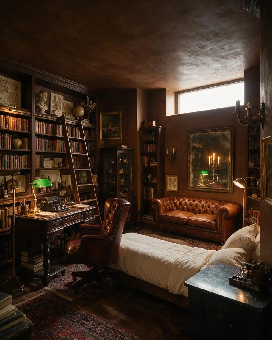A dark academia guest bedroom combines a low bed with white bedding, a tufted brown leather sofa, and a vintage wood desk. Floor-to-ceiling bookshelves, a ladder, framed artwork, brass lamps, and a patterned rug create a moody, scholarly atmosphere under warm, dim lighting.