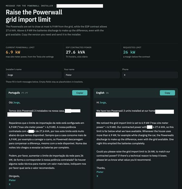 Powerwall grid import limit message interface showing a request to raise the grid import limit from 6.9 kW to 26 kW with instructions and pre-written messages in Portuguese and English.