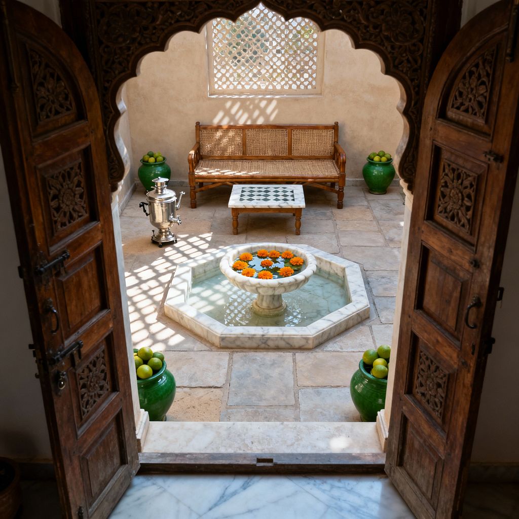 View through ornate carved wooden double doors into a small traditional courtyard patio. An octagonal white-marble fountain with floating orange marigolds centers pale stone pavers. A wooden bench with cane seating lines the back wall beneath a decorative lattice screen, with a low green-and-white marble-inlay table in front. Green glazed urns filled with citrus flank the space, and a polished metal samovar sits to the left. Sunlight filters through the lattice, casting patterned shadows.
