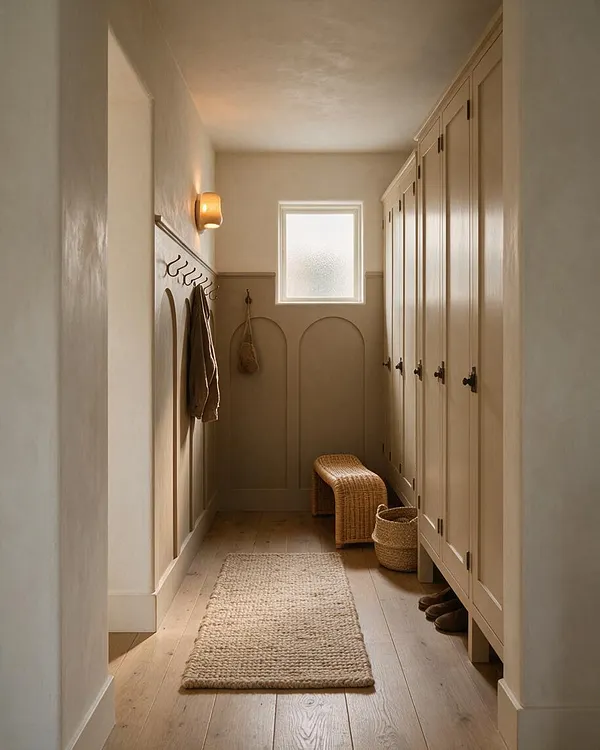 A narrow mudroom with built-in cream cabinets lining the right wall, open wall hooks on the left, and a frosted window at the far end. The space features warm wood floors, a woven bench, basket storage, and a neutral jute runner in soft beige tones.