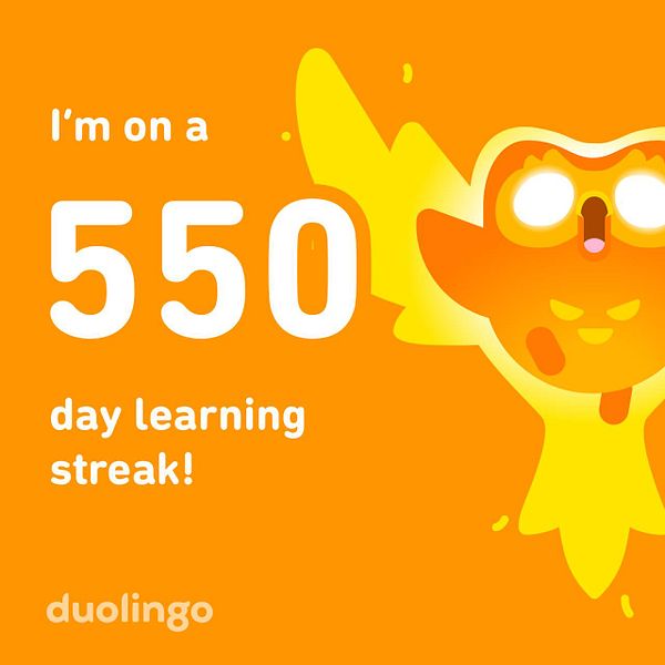 A vibrant graphic celebrating a 550-day learning streak on Duolingo.