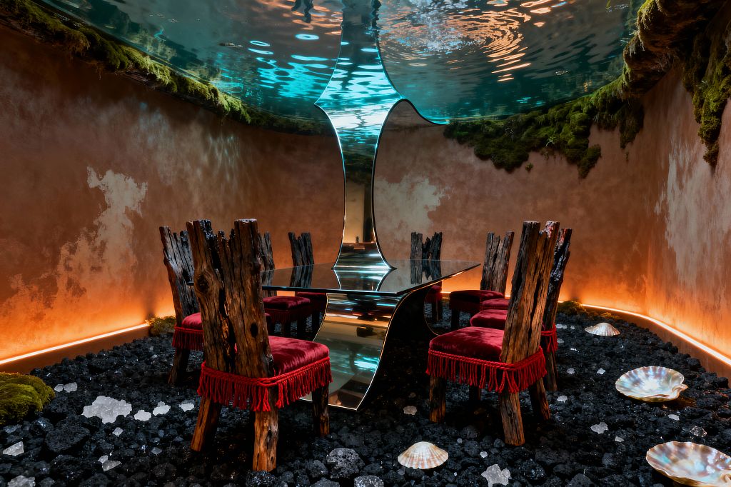 A surreal dining room resembles an underwater grotto: a reflective glass-topped table with a sculptural mirrored base sits at the center, surrounded by eight rough-hewn, charred-wood chairs upholstered in deep red velvet with fringe. The floor is black lava rock scattered with crystals and pearly shells. Warm terracotta walls glow with cove lighting, and a rippling, water-like ceiling edged with moss casts aquatic reflections across the space.