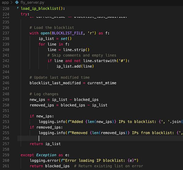 The image displays a code snippet from a Python script related to loading an IP blocklist.