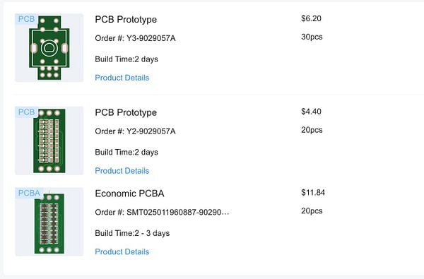 The image displays a list of PCB prototypes and their pricing from a manufacturing service.