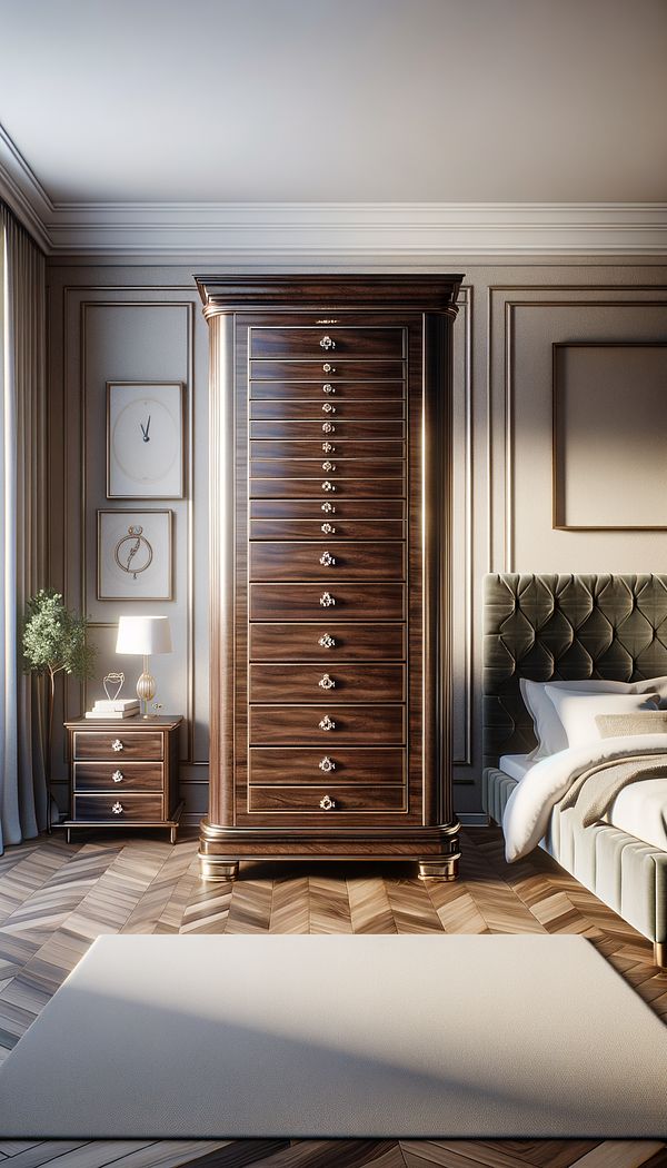 A tall, elegant freestanding jewelry armoire made of polished dark wood with multiple drawers, each featuring intricate handles, standing in the corner of a well-lit, stylish bedroom.