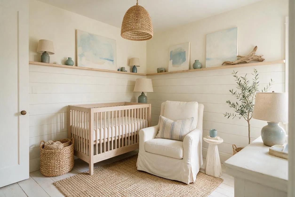 A serene coastal nursery with a light wood crib, a cream slipcovered armchair, and woven accents on a jute rug. Soft blue artwork, ceramic lamps, and driftwood decor add calm seaside character against white shiplap walls and pale wood trim.