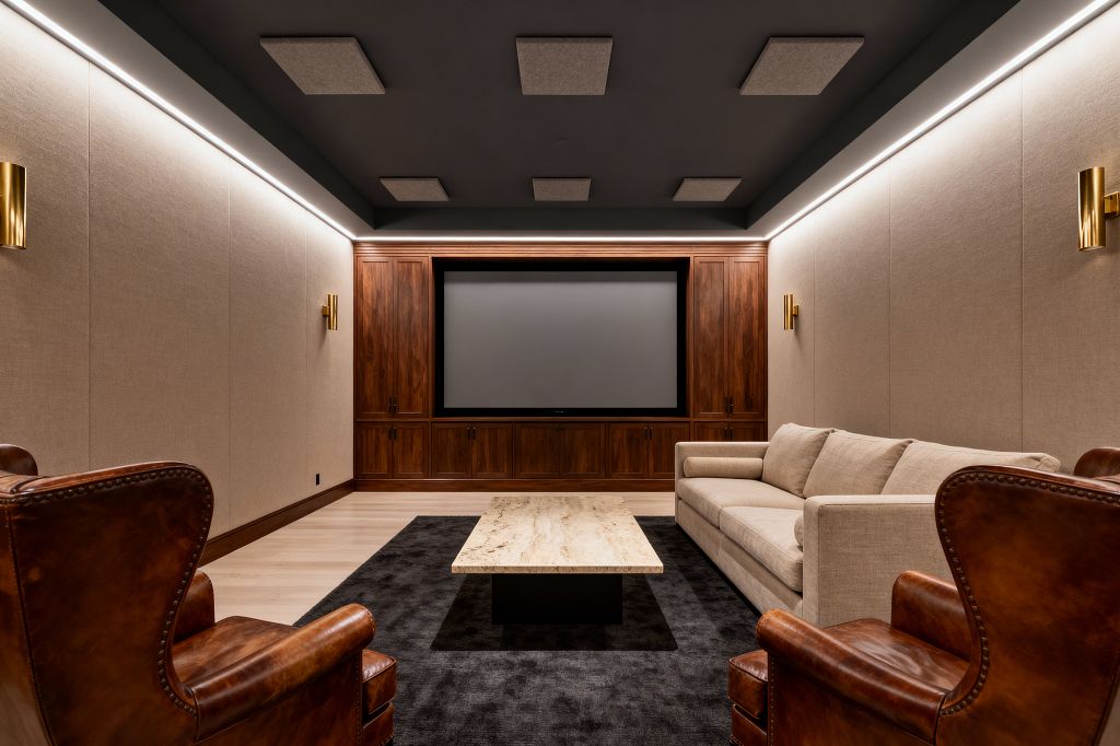 Transitional home theater with a large screen set into floor-to-ceiling walnut cabinets on the far wall. Neutral fabric-clad acoustic wall panels line both sides, with a beige sofa, two cognac leather armchairs, and a travertine coffee table on a charcoal rug. Perimeter LED cove lighting and brass sconces illuminate pale wood flooring and a dark ceiling dotted with acoustic pads, creating a warm, balanced space for immersive viewing.