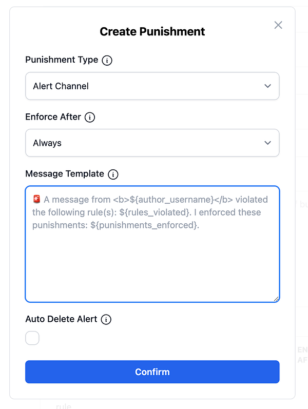 A modal window for creating a punishment with various input fields and options.