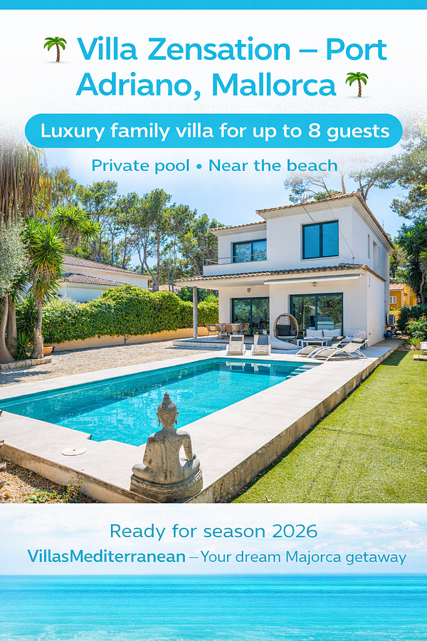 A luxurious family villa in Port Adriano, Mallorca, featuring a private pool and a serene outdoor setting.