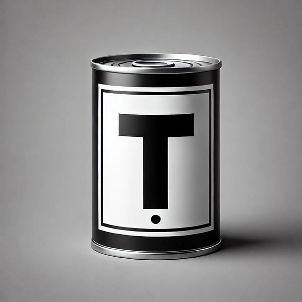A stylized can featuring a bold letter 'T' on its label.