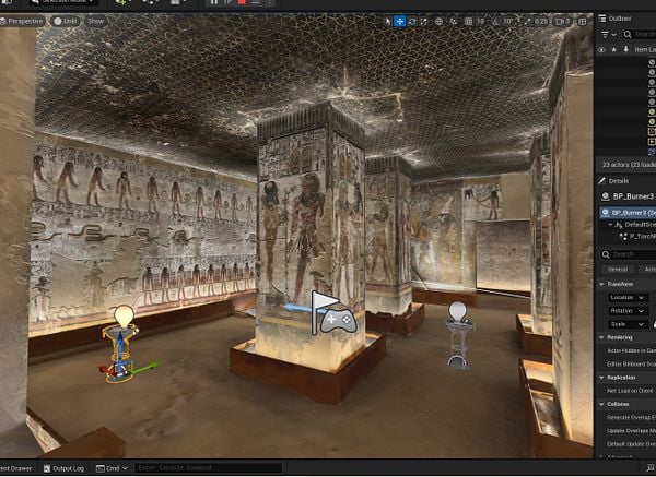 A 3D rendering of an ancient tomb interior featuring detailed wall paintings and a grid-patterned ceiling.