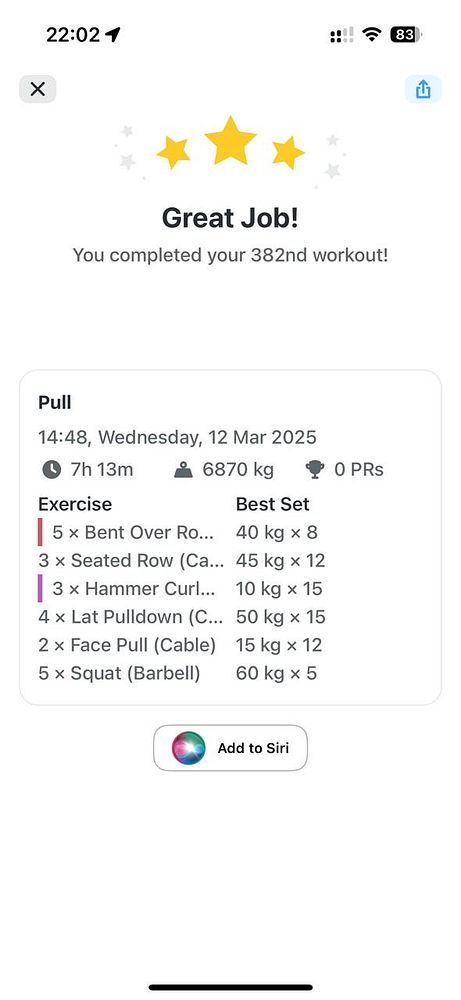 A workout summary screen displaying details of a completed pull workout.