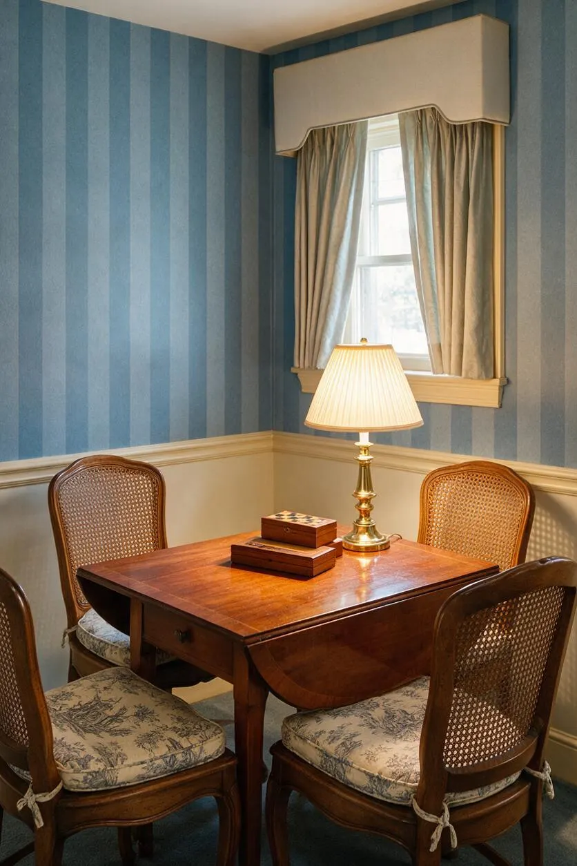 A traditional game room corner with a polished wooden game table surrounded by cane-back chairs with floral upholstered seats. Blue striped wallpaper, cream wainscoting, a pleated window treatment, and a brass table lamp create a classic, cozy atmosphere.