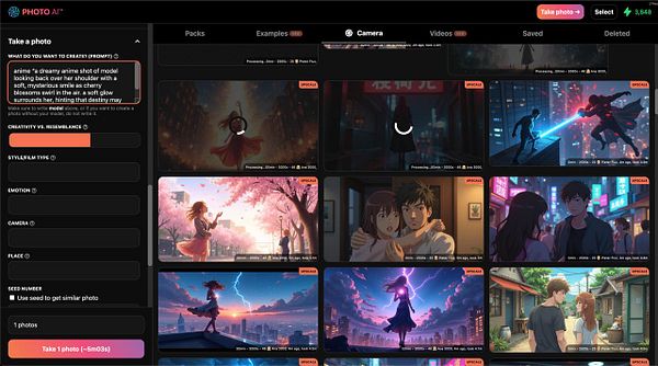 The image displays a user interface for an AI photo generation tool focused on creating anime-style images.