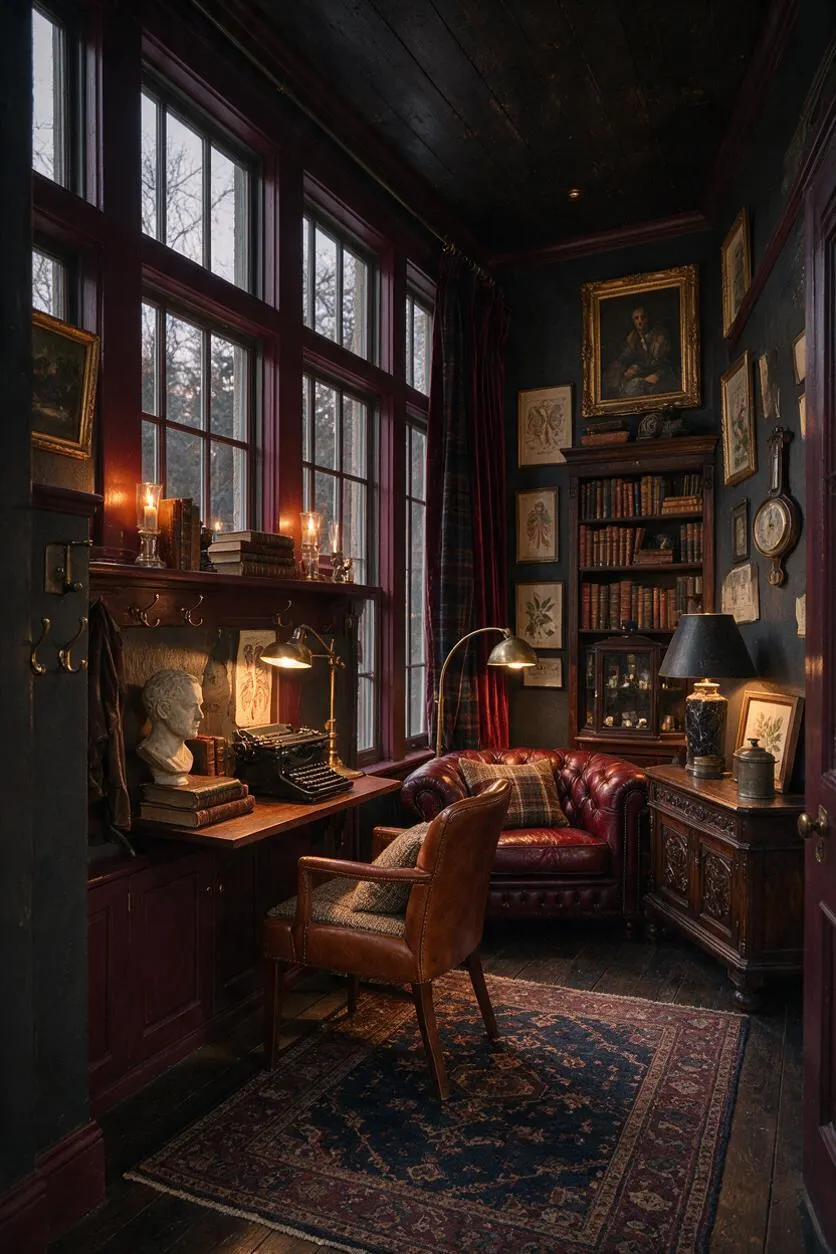 A dimly lit front porch styled like a compact reading room, with tall mullioned windows, deep burgundy trim, dark wood paneling, and walls filled with framed art and books. A leather club chair, tufted burgundy sofa, desk with a typewriter, brass lamps, candles, and a patterned rug create a scholarly, vintage atmosphere.