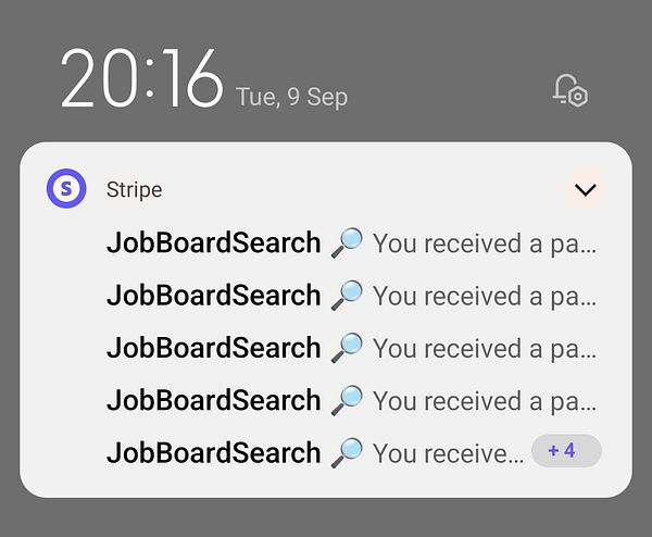 The image displays a notification panel from a mobile device showing multiple payment notifications from Stripe.