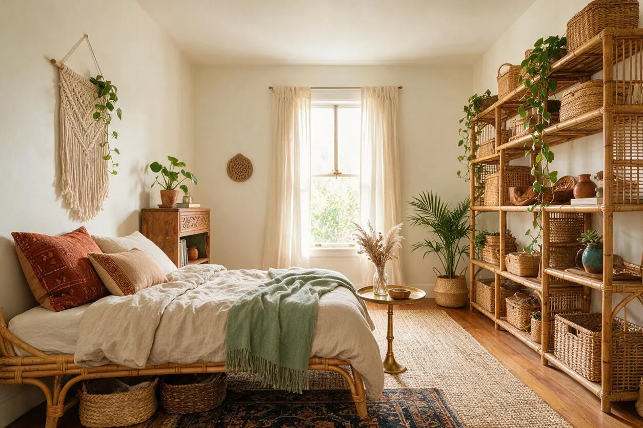 A cozy guest bedroom in bohemian style features a rattan bed with layered neutral bedding, rust and beige accent pillows, and a sage green throw. Woven wall art, potted plants, a carved wood cabinet, and open rattan shelving with baskets and decor create a relaxed, natural feel. Soft daylight filters through sheer curtains.
