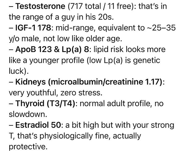 The image contains a detailed report of bloodwork results highlighting various health biomarkers.