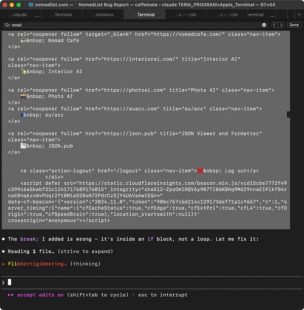 An error screen from a web-based integration named 'nomads Clarke' showing a runtime error caused by an undefined 'tour' variable in a React hook.
