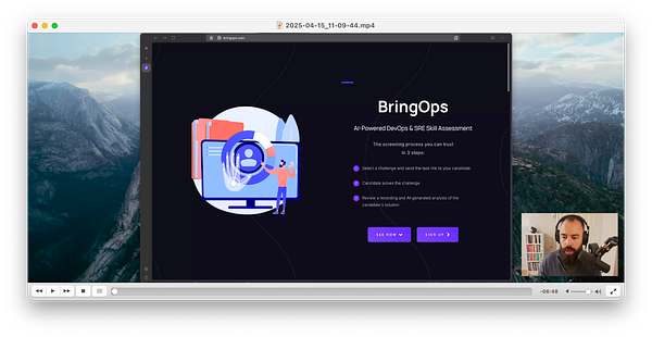 The image displays a video recording interface featuring a BringOps demo webpage alongside a presenter.