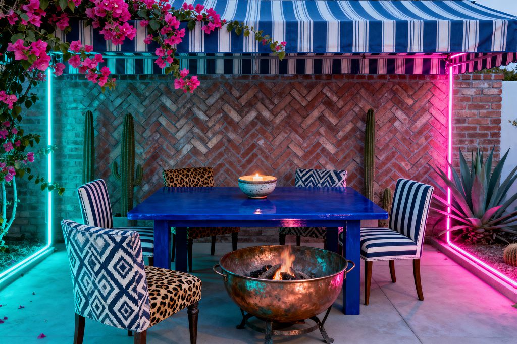 A patio under a blue-and-white striped awning features a glossy cobalt dining table surrounded by mixed-pattern chairs—navy stripes, geometric ikat, and leopard print—set against a herringbone red brick wall. Teal and hot pink neon light bars wash the scene, while a hammered copper fire bowl glows in the foreground, cacti, agave, and cascading bougainvillea add greenery, and a ceramic candle sits centered on the table.