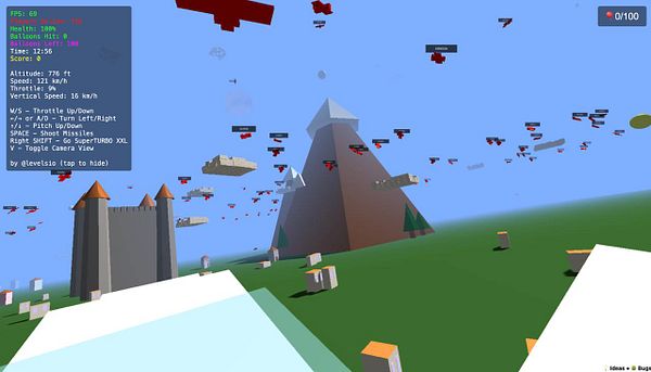 A 3D game interface displaying a flying simulation with a mountain and various objects in the sky.