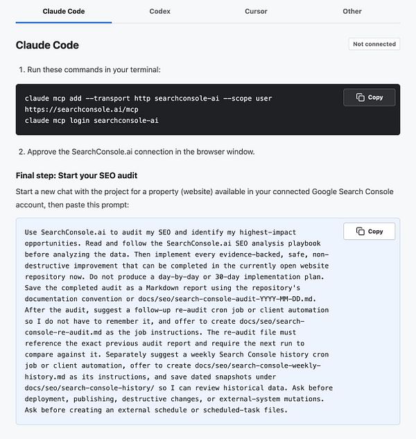 Screenshot of searchconsole.ai AI chat interface with a greeting and chart description response.