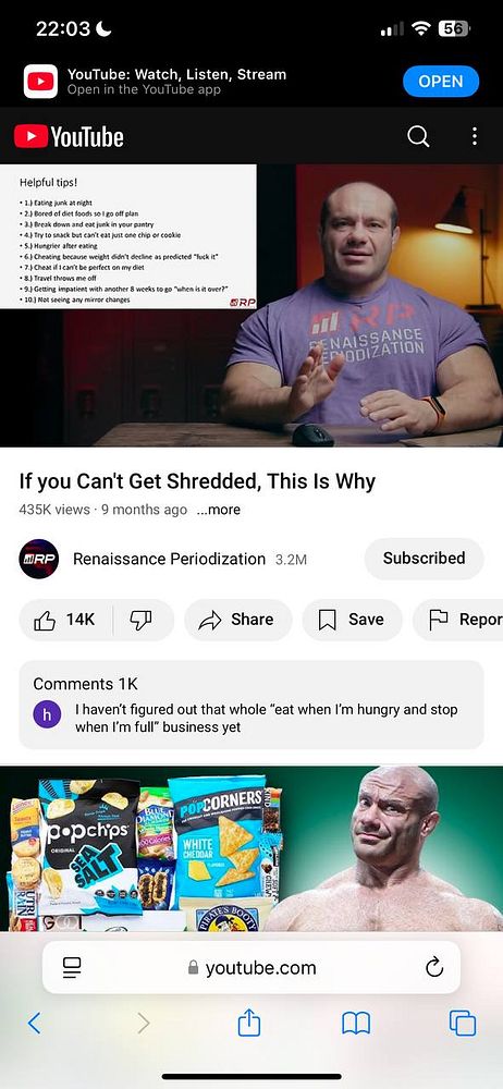 A YouTube video interface displaying a fitness-related video with tips on getting shredded.