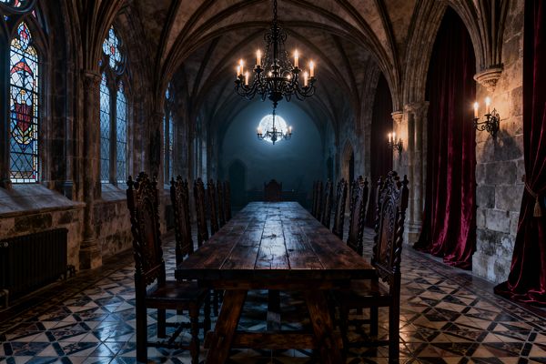 An elongated Gothic dining hall features a long rustic wood trestle table flanked by rows of tall, intricately carved chairs beneath ribbed, pointed stone vaults. Wrought-iron chandeliers and wall sconces with candles provide warm light. On the left, lancet stained-glass windows and diamond leaded panes filter cool light; on the right, heavy burgundy velvet curtains hang between arches. Patterned tile flooring and weathered limestone walls complete the moody, medieval atmosphere.