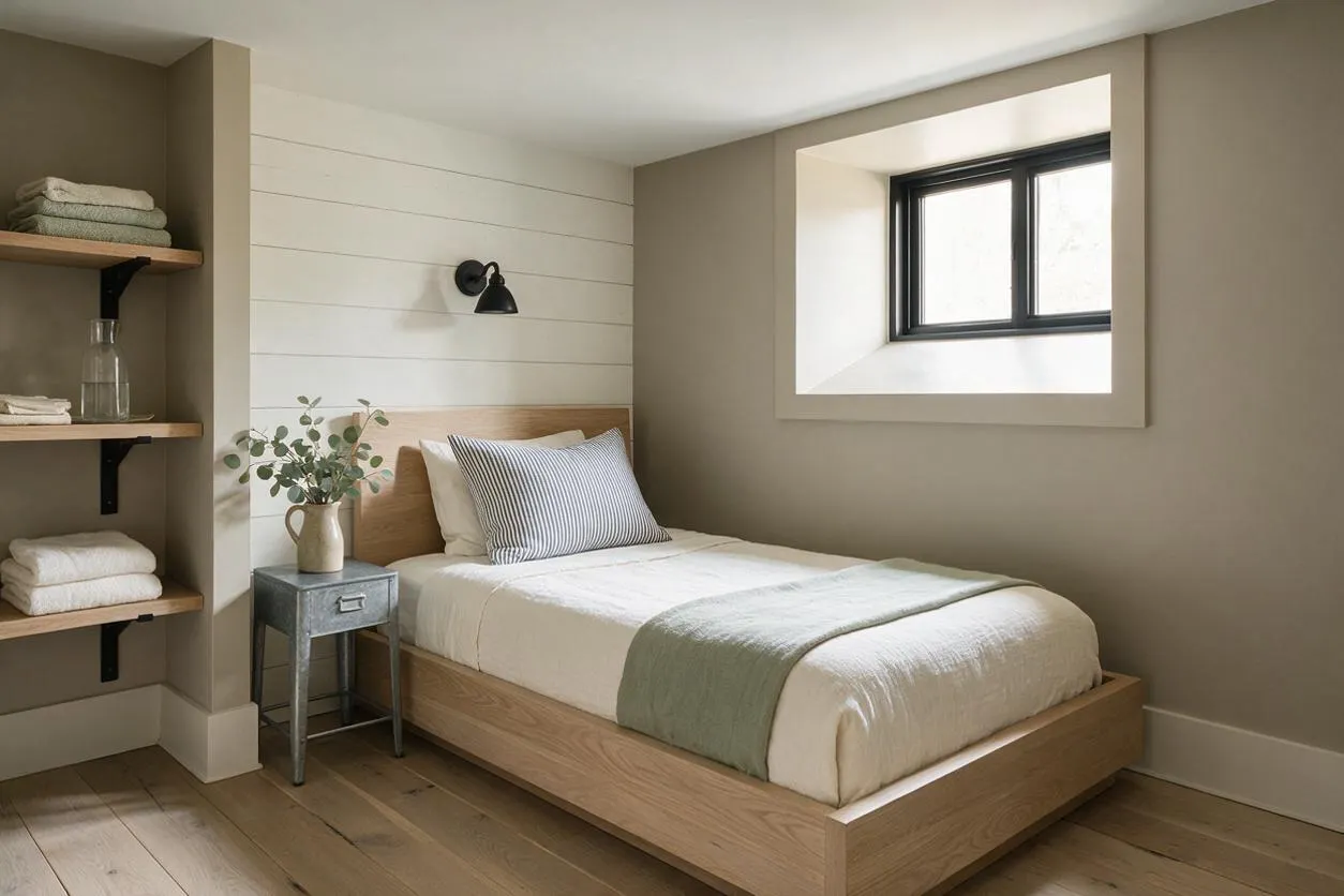 A serene guest bedroom with a light wood platform bed dressed in white bedding, a striped accent pillow, and a muted green throw. A white shiplap accent wall with a black sconce sits behind the bed, while taupe walls, a small metal bedside table, built-in shelves, and a black-framed window complete the farmhouse look.