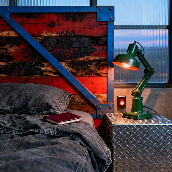 A close-up of an industrial bedroom shows a bed dressed in dark gray, denim-like bedding next to a headboard of rough reclaimed planks, stained red and black, framed with blue steel angles and exposed bolts. A green articulated desk lamp glows on a cube nightstand clad in silver diamond-plate metal, with a small red notebook on the sheets, ribbed glass windows and a concrete wall behind, and a surface-mounted switch adding to the utilitarian look.