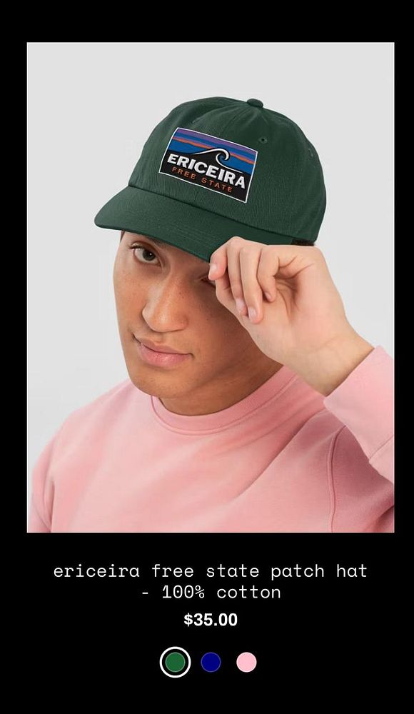 A young man models a green cap featuring the 'Ericeira Free State' logo.