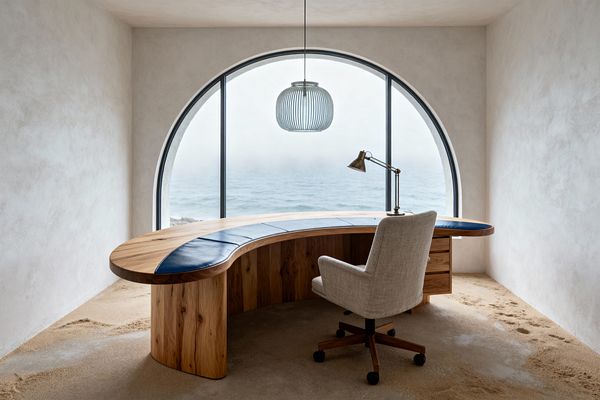 A minimalist coastal home office features a large arched window overlooking a misty ocean. At the center sits a custom curved oak desk with a navy leather inlay, paired with a light linen swivel chair on casters, a brass task lamp, and a ribbed glass pendant overhead; soft off-white plaster walls and a sand-dusted floor complete the serene, shoreline-inspired space.