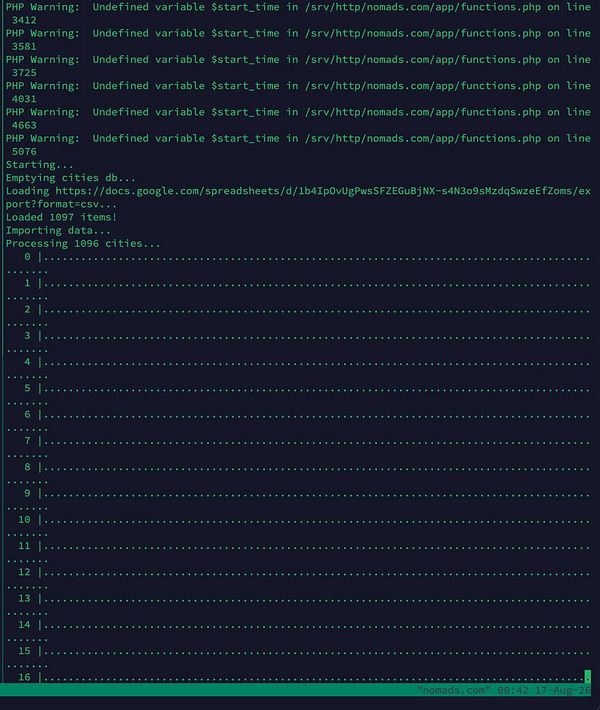 Screenshot of PHP error logs showing multiple 'Undefined variable' notices in the importSpreadsheet.php file on March 22, 2023.