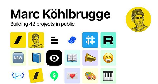 The image features a profile layout for Marc Köhlbrugge, showcasing various icons and a personal illustration.