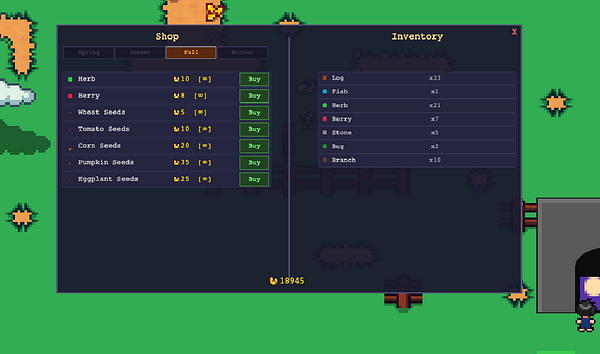 Screenshot of an in-game crop menu showing various seasonal filter options for a farm simulation game.