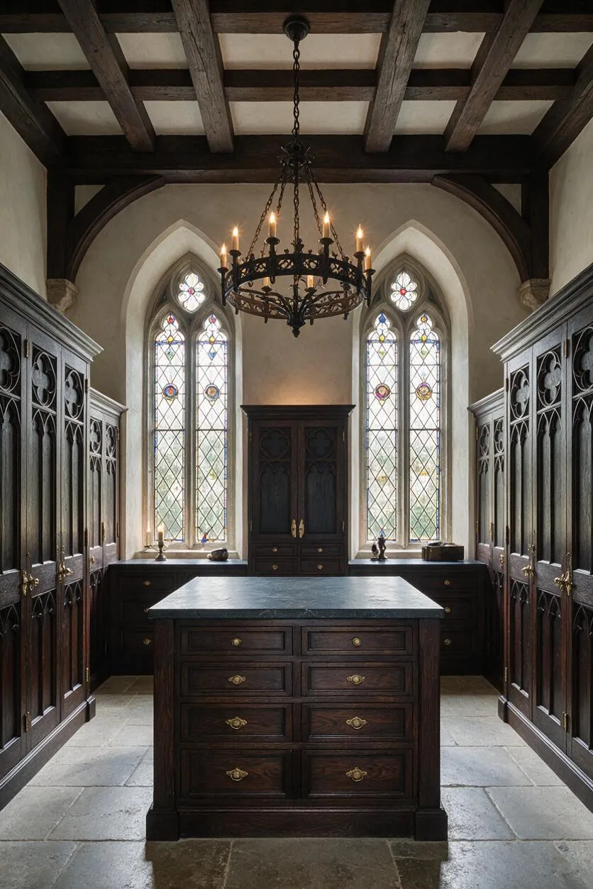 A dramatic Gothic-style closet with dark oak cabinetry, pointed-arch leaded stained-glass windows, and a wrought-iron chandelier. A central island with a stone top sits on a pale stone floor, framed by carved cabinet doors and brass hardware.