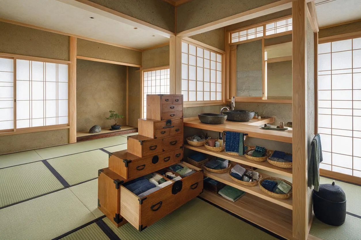 A spacious master bathroom in Japanese Zen style with tatami flooring, shoji screens, and warm wood framing. The room includes a wood vanity with stone vessel sinks, open shelving with woven baskets and towels, and a stepped wooden storage chest used for linens and bath items.