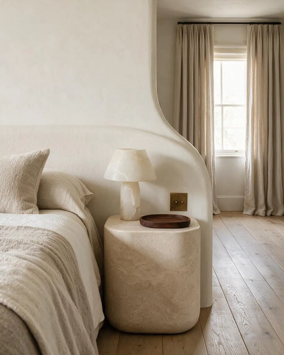 A serene organic modern bedroom with a bed dressed in soft beige linens beside a rounded stone nightstand. A sculptural lamp sits on the nightstand, and sheer curtains frame a bright window over pale wood flooring.