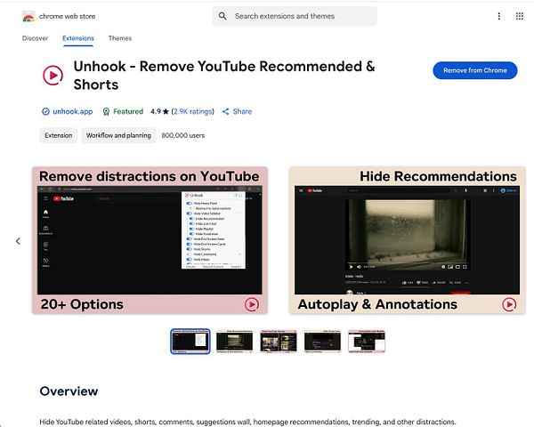 The image displays the Chrome Web Store page for the Unhook extension, designed to remove YouTube recommendations and distractions.