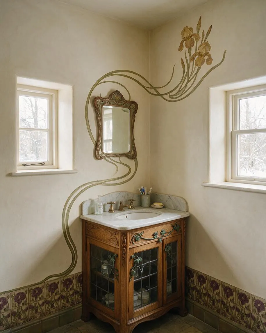 A small powder room features two side windows, cream plaster walls, and an ornate wooden vanity with a marble sink top. Decorative Art Nouveau floral lines and iris motifs sweep across the wall above an antique-style mirror, while matching floral tile trim runs along the lower walls.