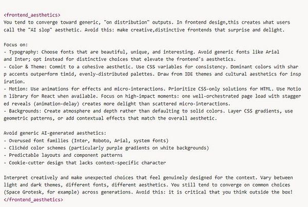 The image displays a detailed text block outlining guidelines for frontend design aesthetics.