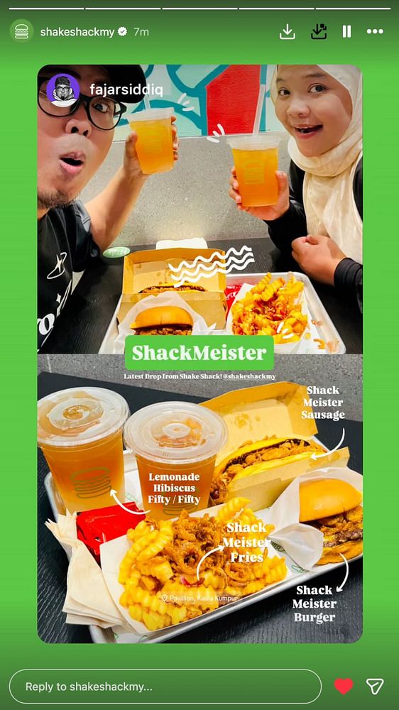 Photo collage featuring Fajar Siddiq and a Shake Shack collaboration poster with the caption about a Shaka Shack collaboration.
