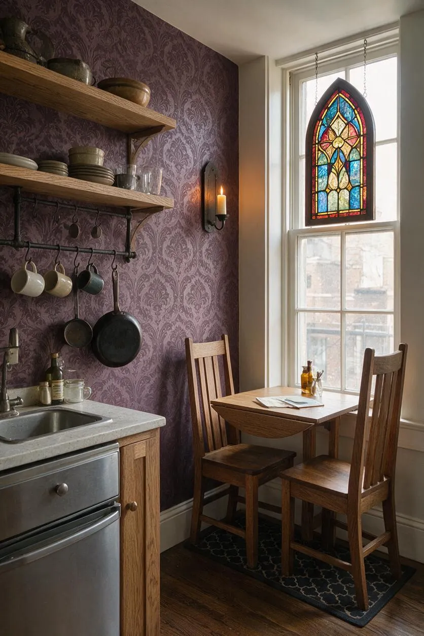 A small studio apartment kitchen nook with dark purple damask wallpaper, open wood shelves, hanging cookware, and a tiny wooden dining set by a bright window. A pointed stained-glass panel in the window adds a Gothic focal point, while a candle sconce and dark patterned rug deepen the moody atmosphere.